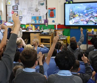 A classroom of children sitting on the floor looking at a screen, some have their hands up