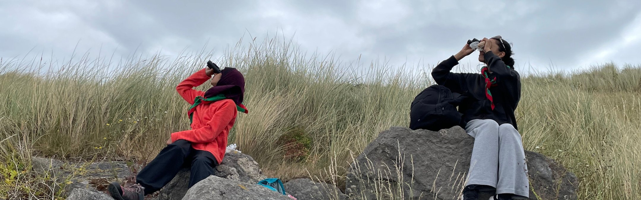 2 people sititng on a grassy hill looking upward through binoculars. There are a few big stones in front of them on the hill.