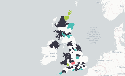 A map of the UK, with different postcode areas highlighted in different colours such as dark blue, pink and teal to represent litter surveys that have been completed in that area