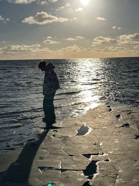 A silhouette of someone on a beach looking down. The tide is out and the sun is low.