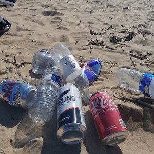 A selection of platic bottles and aluminium cans on a beach