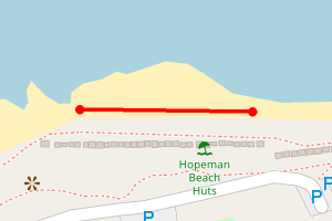 A map showing the Hopeman beach -  in front of beach huts beach stretch plotted on it